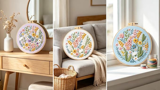 Konrisa Blossoms Embroidery Kit for Adults Beginners, Floral Stamped Embroidery Starter Kit DIY Sewing Practice, Needlepoint Cross Stitch Set of 3