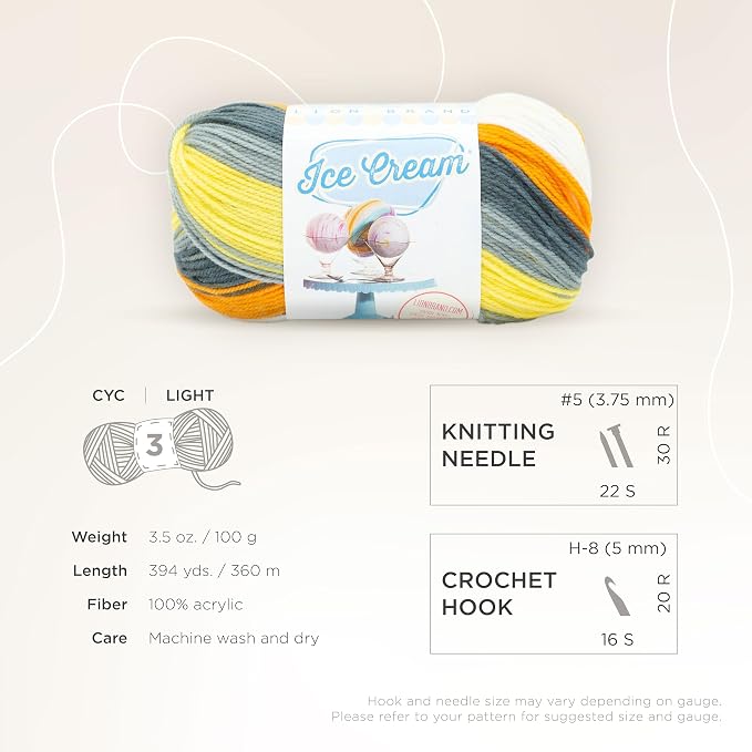 Lion Brand Yarn, Ice Cream Crochet Yarn, Tiger Tail, Multicolor, 1 Pack