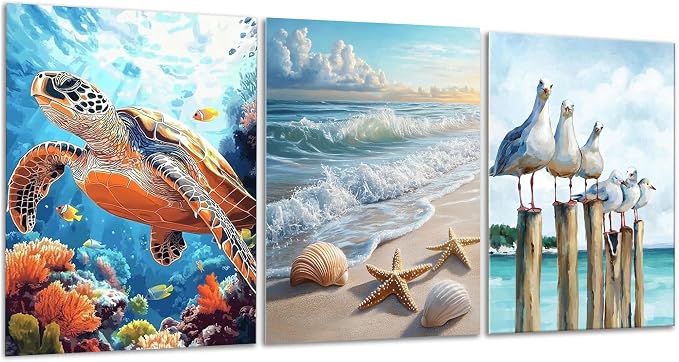 Yunruily 3 Pack Beach Adult Paint by Numbers - Paint by Number kit for Adults,Sea Turtle Paint by Number Adult for Gifts Home Wall Decor 12x16inch