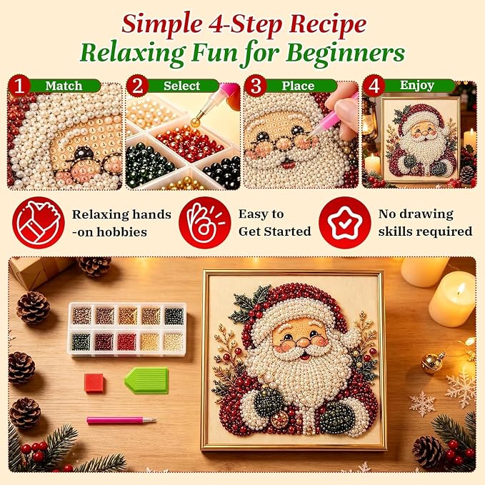 Irsnianianfa DIY Christmas Pearl Diamond Art Painting Kit with Frame,11.8x11.8in 3D Christmas Pearl Beads Art Craft for Adults Beginner,Holiday Christmas Wall Decor,Healing Stress-Relieving(A03)