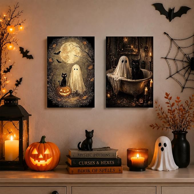 2 Pack Halloween Paint by Numbers Kit for Adults (Ghost&Cat, 8x12inch)