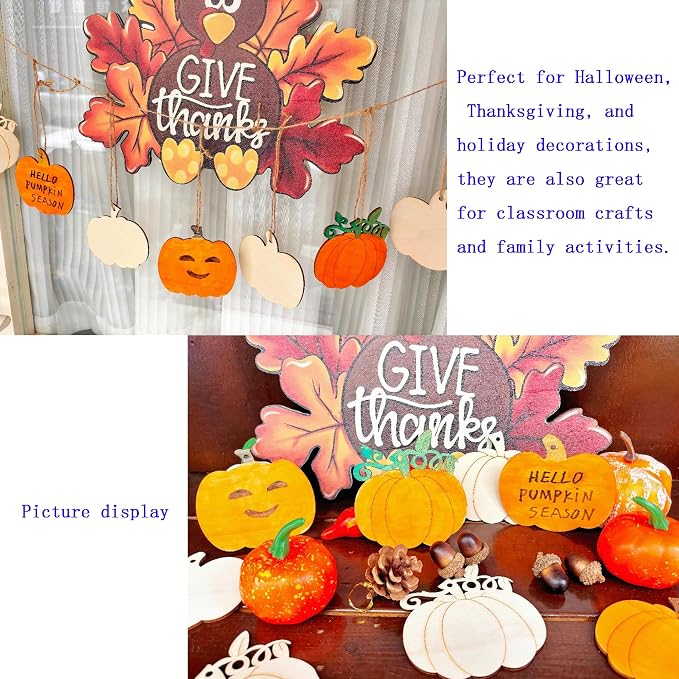 48PCS Unfinished Wood Pumpkin Cutouts with Sling Hole
