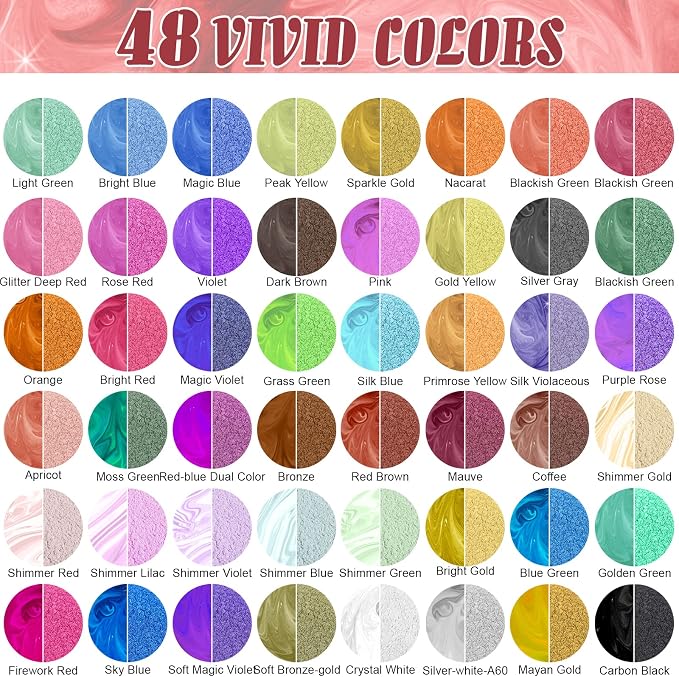 CHANGTIKEJI Mica Powder, 48 Colors - 10 g/Bottle Pearlescent Pigment | Natural Pigment Powder for Epoxy Resin, Soap Making, Candle Making, Lip Gloss, Nail Polish, Bath Bombs, Eye Shadows