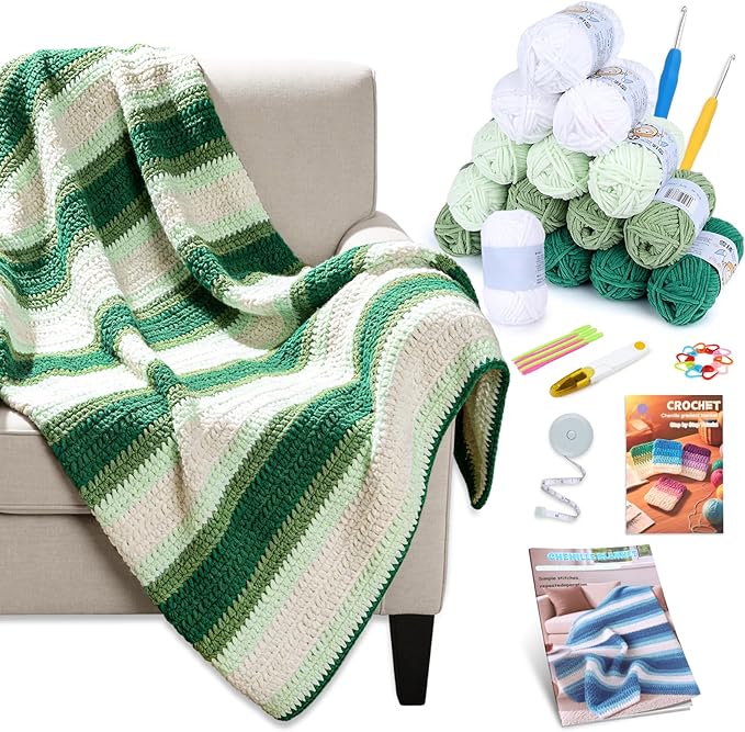 Reessy Crochet Blanket Kit for Beginners Adults – Gradient Green Ombre Throw Blanket Kit with Soft Chenille Yarn, Hooks & Instructions – Handmade Crochet Starter Set for Adults