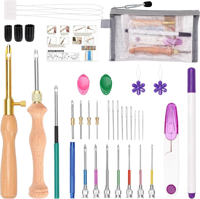 Pllieay 36PCS Punch Needle Kit for DIY Embroidery - Punch Needle with Finger Cots, Wooden Handles, Storage Bag, Ideal for Punch Needle Kits Adults Beginner