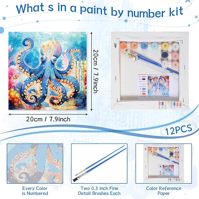 Nezyo 12 Sets Paint by Numbers with Frame, Ocean Animals Canvas 8x8 Inch | DIY Acrylic Number Painting for Beginners, Sea Life Designs, Includes Brushes Paints, Party Classroom Birthday Gift
