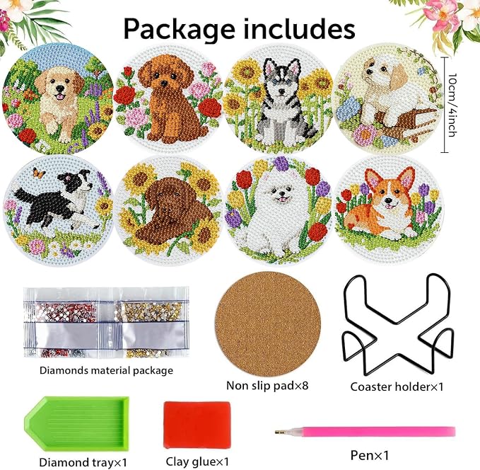 mrpwnle 8 Pcs Diamond Art Coasters Kits, Dog Diamond Painting Coasters Kit