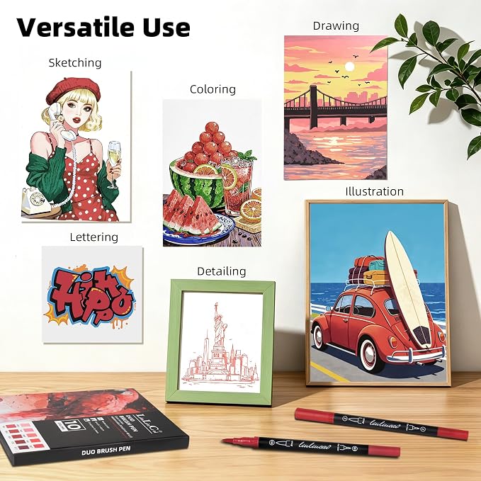 LIULIUCAI 10 Red Dual Markers, Fine & Brush Tip Pen for Adult Coloring