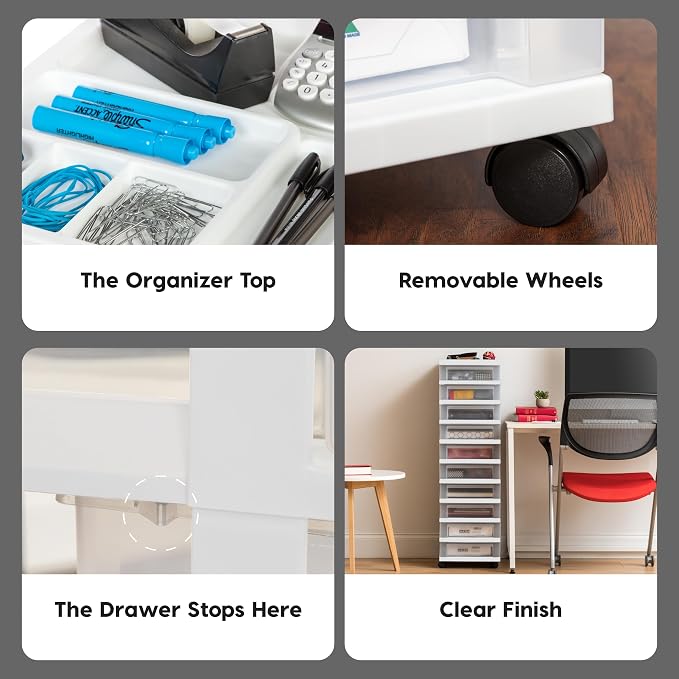 IRIS USA 10-Drawer Rolling Storage Cart, White/Clear
