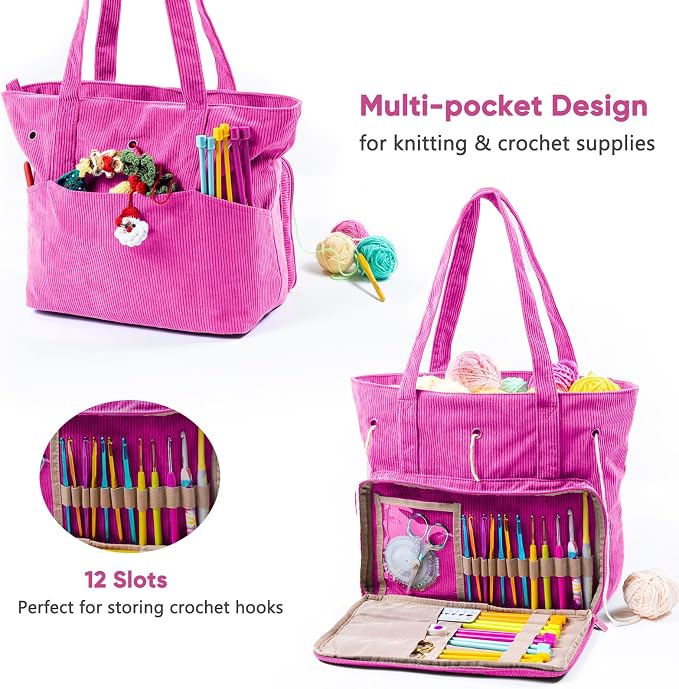MYBAGZING Large Crochet Bag & Tote, Corduroy Yarn Organizer for Crocheting, Yarn Storage Bag for Hooks and Accessories, Knitting Tote for Crochet Lovers, Mother’s Day Gift