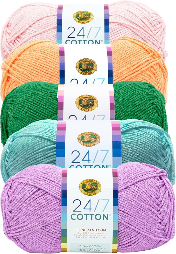 Lion Brand Yarn, 24/7 Cotton Mercerized Lightweight Yarn for Knitting, Crochet, and Crafts, Spring, 5 Pack, Multicolor Pack of Natural Fiber for Breathable Tops, Durable Bags, and Dish Cloths