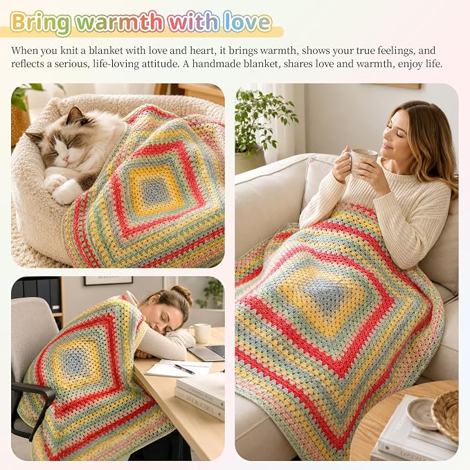 Coopay Crochet Kit for Beginner Crochet Blanket Kit w/Step-by-Step Tutorial | Granny Square Blanket kits with 600g Crochet Yarn, Hooks & Complete Tools, Crochet Blanket Kit Gift for Adults & Beginners