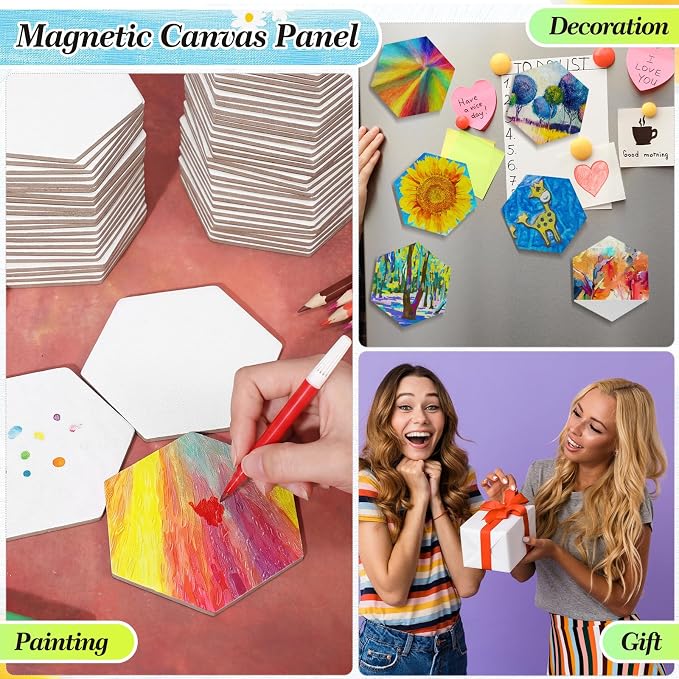 Nezyo 75 Pieces Magnetic Painting Canvas Panel Mini Canvas Boards Mini Canvases Tile Art for Painting Magnetic Fridge Locker Art Paints Crafts DIY Kit (Hexagon,3 Inch)