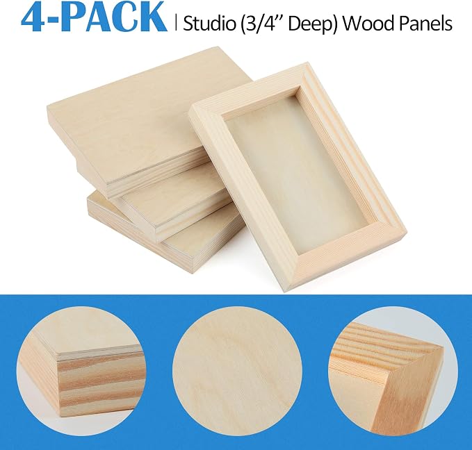 Falling in Art 4 Pack 4x6’’ Unfinished Birch Wood Panels Kit for Painting | Studio 3/4’’ Deep Wooden Canvas, Cradle Boards for Acrylic Pouring, Art, Crafts, Epoxy Resin, Laser Engraving Cutting