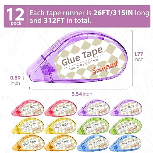 Secopad Scrapbook Tape, Glue Tape for Crafts, 12 Pack, Clear Colored Shell | 0.3IN x 26FT, Sticky & Safe, Double Sided Tape for Crafts, Scrapbooking Junk Journaling Supplies, For School Office Teachers