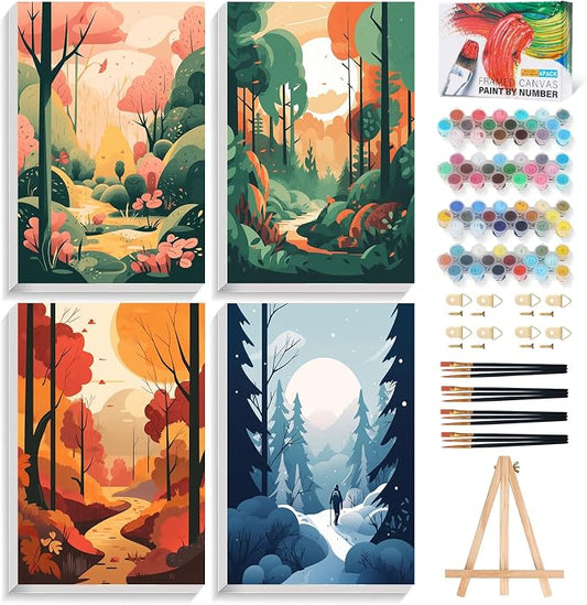 4 Pack Framed Paint by Numbers Kit for Adults with Wooden Easel, 8x12 Inch | Four Seasons Landscapes, Easy DIY Acrylic Canvas Craft Kit with Frame for Beginners, Home Decor, Stress Relief Relaxing Gift