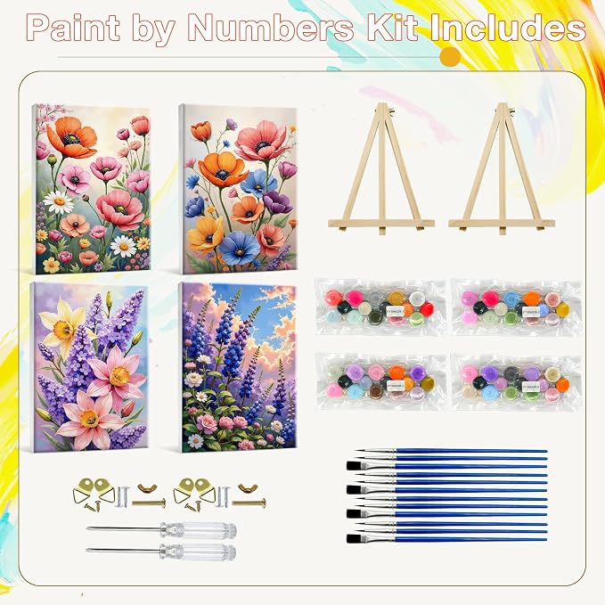 HeeBenor 4 Pack Flowers Paint by Numbers Kit for Adults Framed Canvas