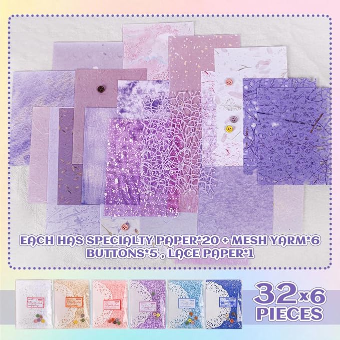 156 Sheets Textured Scrapbook Paper & Mesh Fabric Assorted Set, 30 Buttons