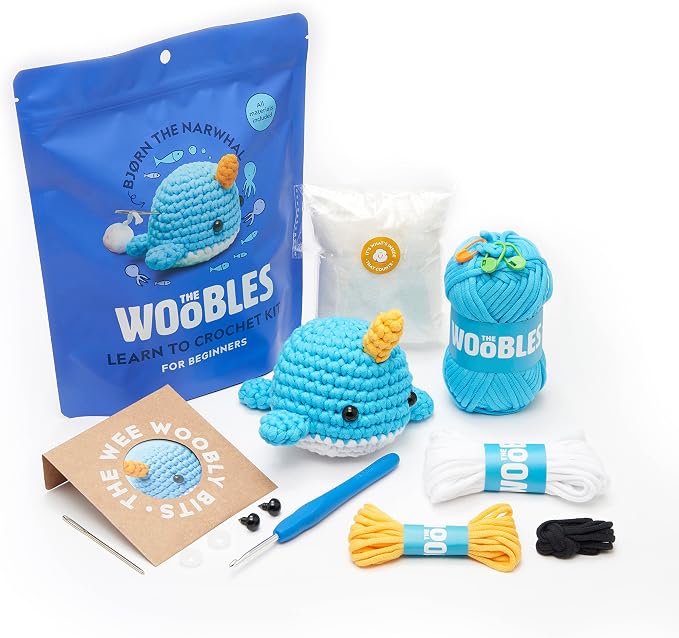 The Woobles Crochet Kit for Beginners (Bjørn the Narwhal) | As seen on Shark Tank, Kit includes: Easy Peasy Yarn, pre-started piece, hook, safety eyes, stuffing, video tutorials