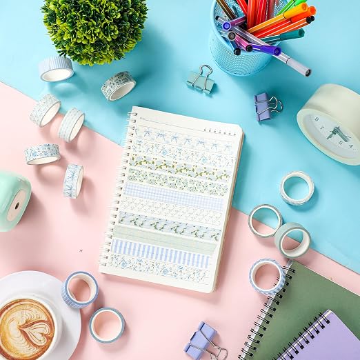 12 Rolls Floral Washi Tape Set,Dusty Blue,Rose and Hydrangea | Watercolor Flowers Design for Scrapbook Journal DIY Craft School Supplies, 15 mm Vintage Decorative Masking Washi Tapes