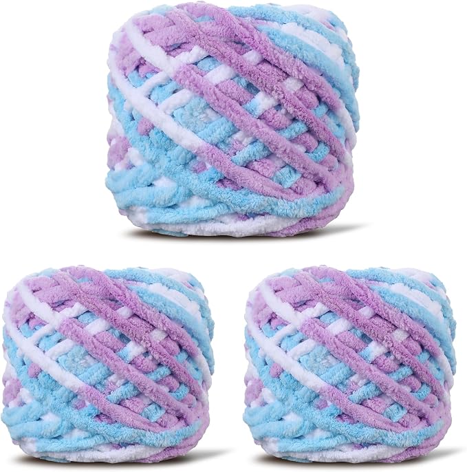 3 Pack Plush Chenille Chunky Yarn for Crocheting 100g(54.6yd) - Bulky Thick Fluffy Yarn for Knitting- Soft Velvet for Baby, Blanket Knitting Blanket Yarns- Amigurumi Yarns (3-Bluish Violet)