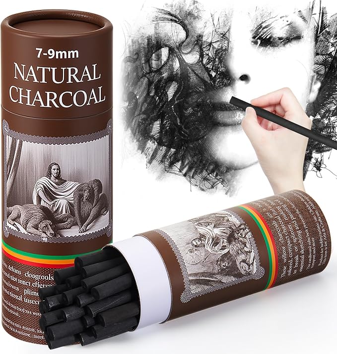 Gueevin 25 Pcs Soft Willow Charcoal Sticks Drawing,7-9mm | For Artists Beginners Students, Vine Charcoal Bulk for Sketching Shading Fine Art, Assorted Sizes, Back to School Gifts