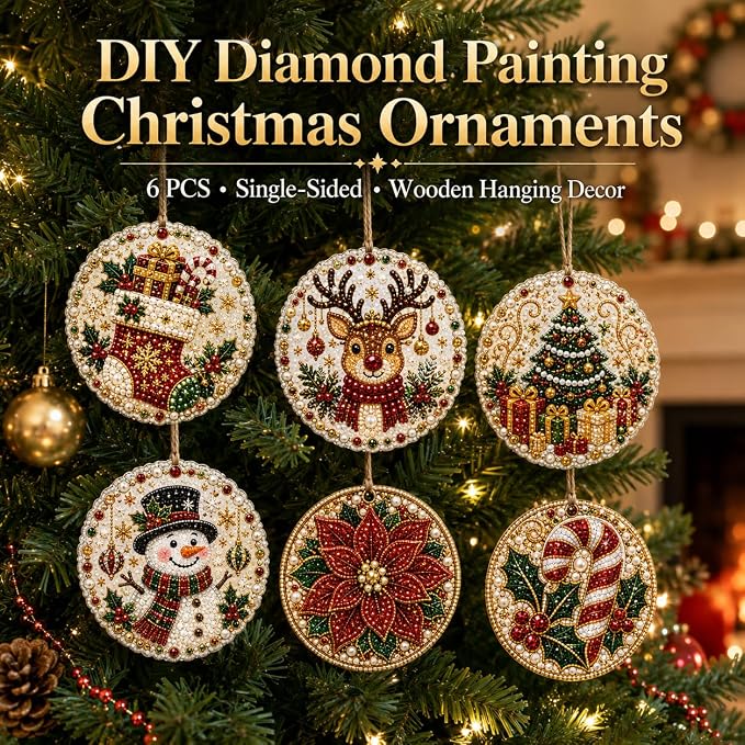 6PCS Christmas Wooden Ornaments DIY Pearl Diamond Painting Kit 09