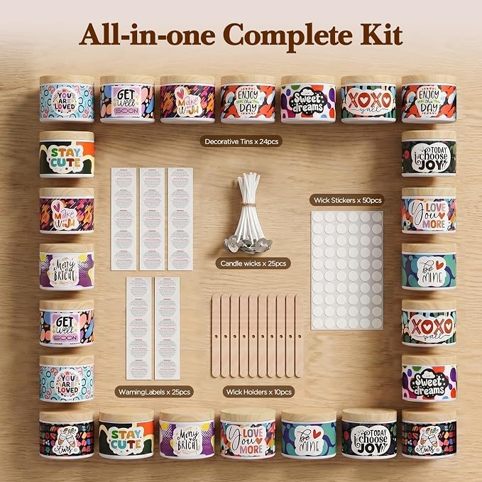 LumaCraft Thick Candle Jars for Making Candles 24 Pcs, 4 OZ Empty Jars with Wood Lids for Candle Making,Colorful Inspirational Print Candle Containers with Candle Making Supplies