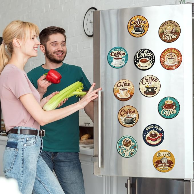 Zonon 12 Pcs Coffee Diamond Art Magnets, Diamond Painting Fridge Decor | Magnetic Stickers for Fridge Locker Board, Coffee Bar Decor with Kids, Small Painting Art Set in Home Kitchen