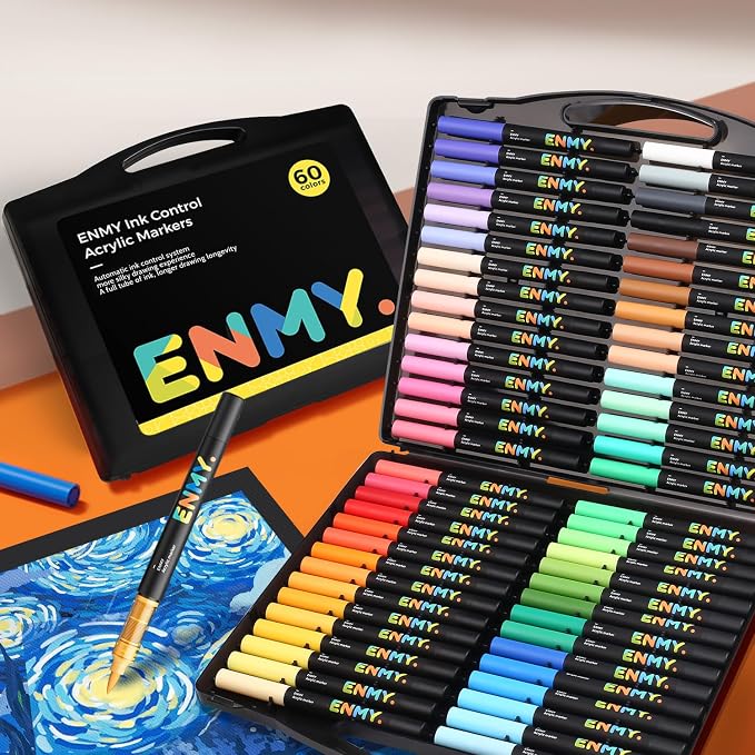 60 Colors Acrylic Paint Markers, Direct Liquid Acrylic Paint Marker Pen, Fabric Markers for Textile, Canvas, Rock, Glass, Wood, Paper, DIY, Acrylic Coloring Pens for DIY Craft Supplies