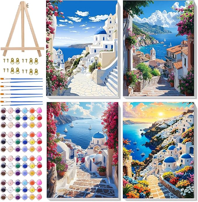 Ycydilirab 4 Pack Framed Paint by Numbers-Seaside Scenery Paint by Number Adult,Landscape Paint by Numbers Framed Canvas with Wooden Easel for Home Wall Decor (8x12 inch)