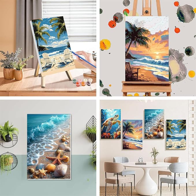 4 Pack Beach Paint by Numbers for Adults with Framed Canvas - Wooden Easel | Beach Paint by Number on Canvas, DIY Sea Turtle Acrylic Oil Painting Kits with Brushes for Home Wall Decor (8x12 inch)