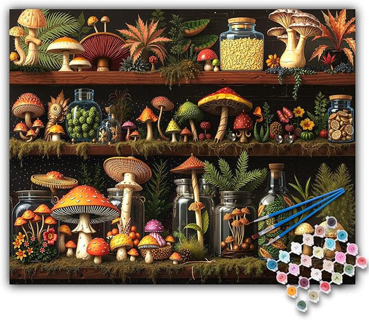 Paint by Numbers Kit for Adults, Mushroom DIY Acrylic Canvas Painting Set | 16x20 Inch, Shelf Number Painting Craft Kit for Adults Beginners, Home Wall Decor, Stress Relief Relaxing Hobby Gift