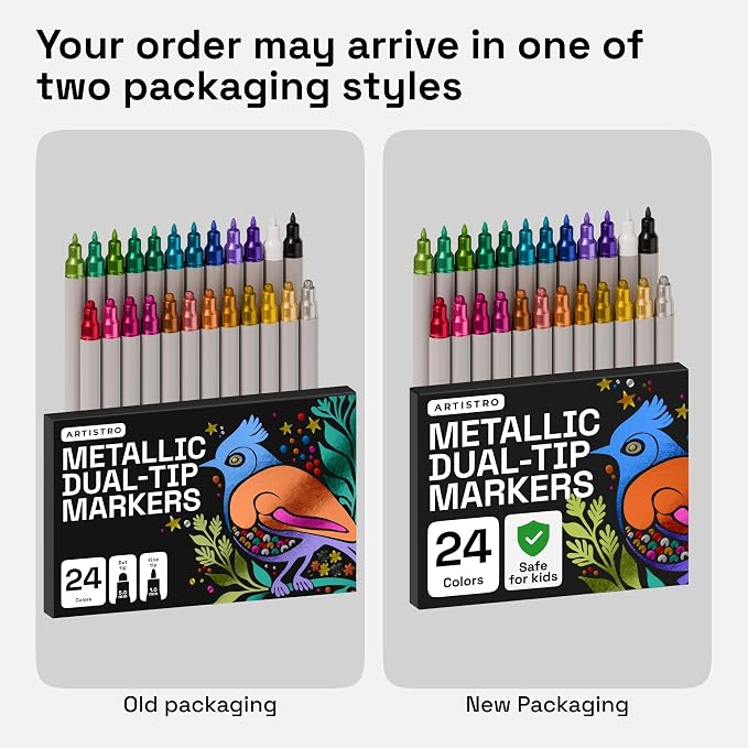 ARTISTRO Metallic Dual-Tip Acrylic Paint Marker Pens - Set of 24 | For Fabric, Rock, Glass, Wood, & Coloring Books, Arts & Crafts Gift, Classroom Must Haves & School Supplies (Dot & Fine Tips)