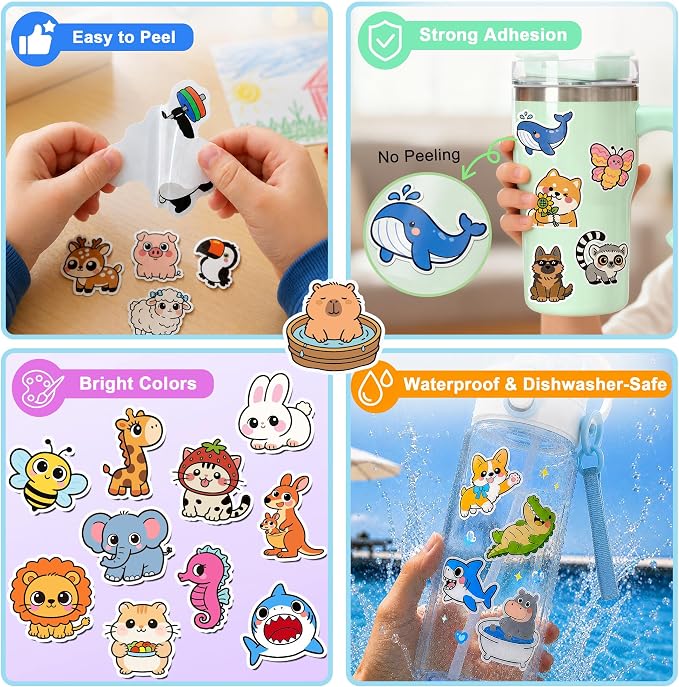 EOAOD 200 Pcs Cute Animal Water Bottle Stickers for Kids, Waterproof Vinyl | No Repeats, Perfect for Classroom Rewards, Party Favors, Goodie Bags, Scrapbooking, Crafts and Gifts for Boys and Girls