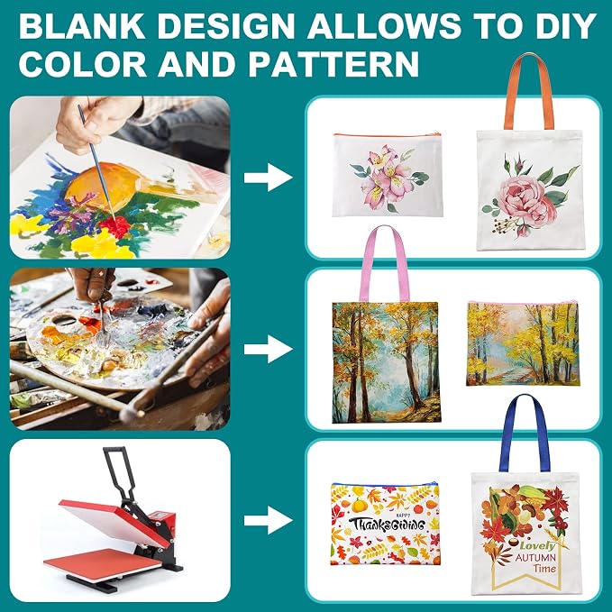 30-Pack Sublimation Blanks Tote Bags, 15 Canvas Tote & 15 Makeup Bags | customized handle colors, reusable heat transfer blanks, Ideal for DIY Crafts, business Ads & Christmas for women, men