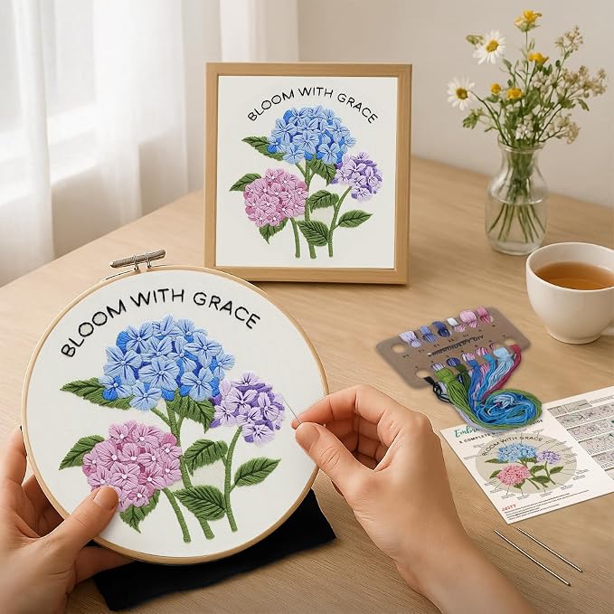Nuberlic Hydrangea Embroidery Kits for Beginner Adults | Cross Stitch Kit with Stamped Pattern Include Cloth Hoops Threads Needles,Needlepoint Kits