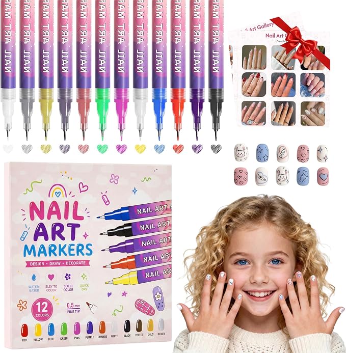dabria Nail Art Pens for Painting Nails 12 Colors Nail Art Markers Set with 0.5 mm Fine Tip Nail Doodle Pens for Girls Kids Women (Upgraded)