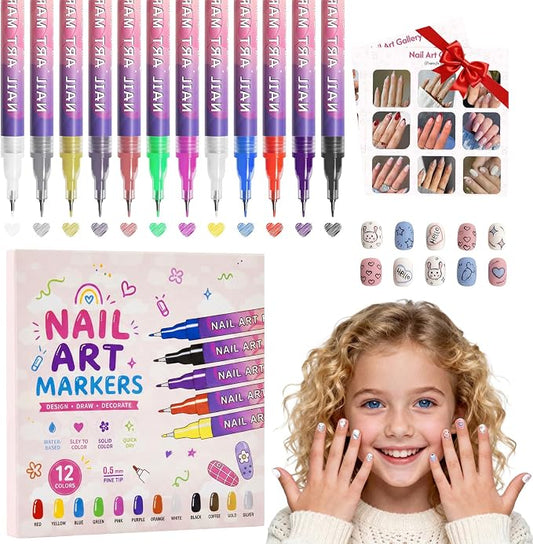 dabria Nail Art Pens for Painting Nails 12 Colors Nail Art Markers Set with 0.5 mm Fine Tip Nail Doodle Pens for Girls Kids Women (Upgraded)