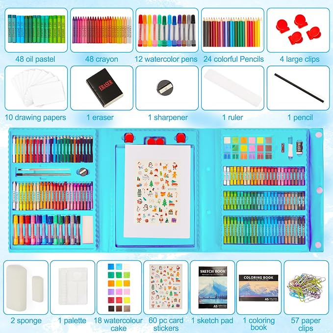 KINSPORY Art Set for Kids, 290 Pack Double-Side Easel Drawing Kits (Blue)