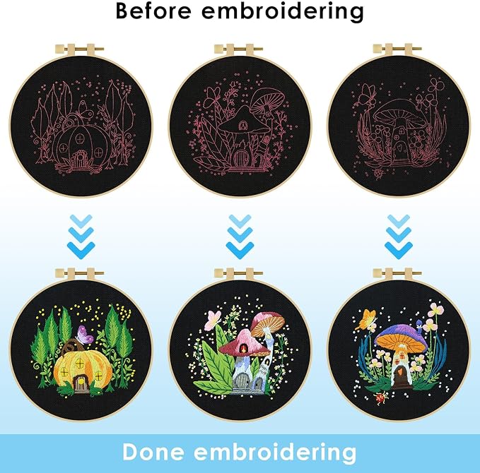 ERKOON 5 Sets Embroidery Kit for Beginners Adult Mushroom Cross Stitch | Embroidery Set Include Embroidery Cloth Hoops Threads for Craft Lover Hand Stitch with Embroidery Skill Techniques