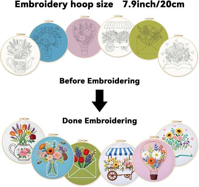 ORIGACH 6 Pack Vase Letter Book & Flower Wreath Embroidery Kits for Beginners, DIY Starter Hand Embroidery Kit with Floral & Objects Patterns and Instructions for Adults Women Crafting