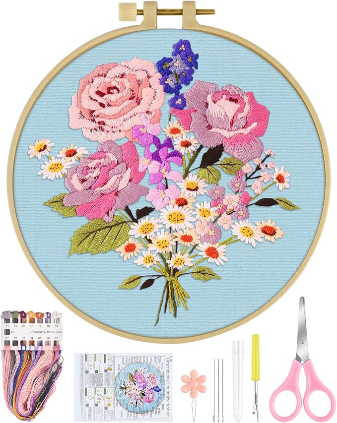 ERKOON Embroidery Kit for Beginners, Flower Cross Stitch Set for Include Embroidery Cloth Hoops Threads for Craft Lover Hand Stitch with Embroidery Skill Techniques (Bouquet)