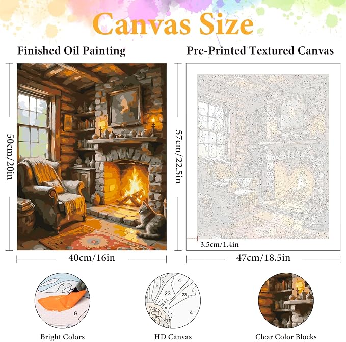 Paint by Numbers Kit for Adults, Cozy Fireplace & Rustic Cabin, 16x20 Inch