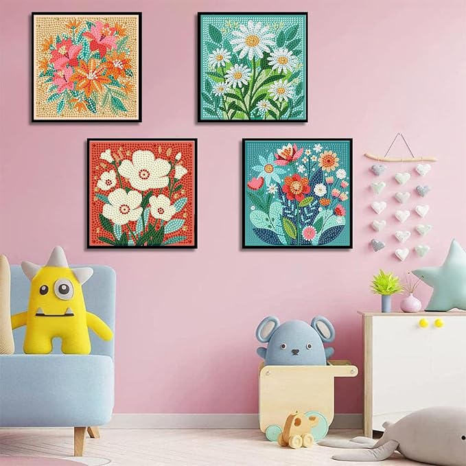 cviokrdu 4 PCS Diamond Art Kits for Kids, Flowers Diamond Art for Kids Ages 4 8 12, Flower Gem Art Kit Crafts Beginners for Gift Home Wall Decor (6x6inch)