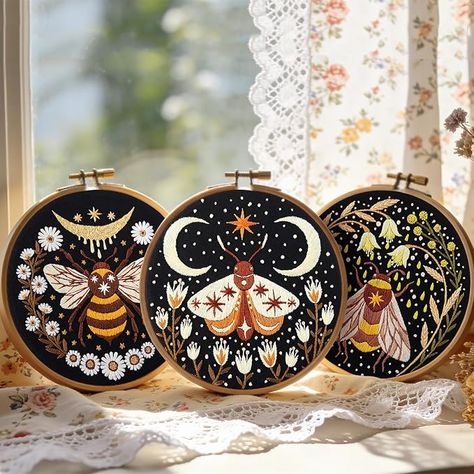 Hand Embroidery Starter Kits for Beginners Adults, Counted Stamped Cross Stitch Kit for Beginners Adults, Embroidery Needlepoint Kit with Moth Flower Pattern, 3 Hoops (Attached Teaching Video QR Code)