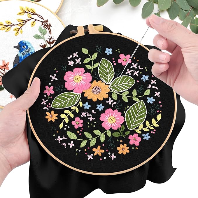 ERKOON 4 Sets Embroidery Kit, Floral Cross Stitch Set for Include Embroidery Cloth Hoops Threads for Craft Lover Hand Stitch(Floral)