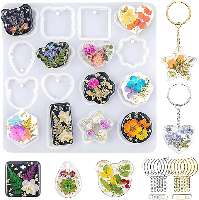 Resin Keychain Molds Silicone,16-Cavity Resin Molds Keychain Making Kit