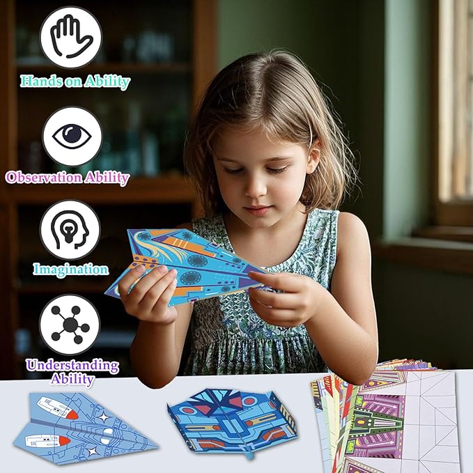 Paper Airplane Kits with 16 Classic Designs, 32 Sheets of Colorful Origami Paper, World Record Paper Planes, Craft Kit for Kids, Airplane Gifts for Boys and Girls Ages 6-12+ (Digital Manual Only)