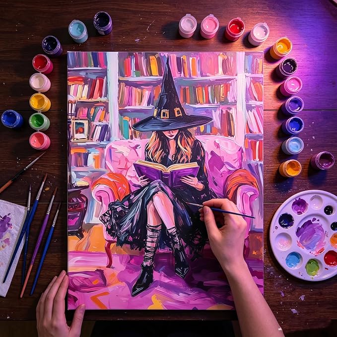 Halloween Witch Book Paint by Numbers Kit for Adults Beginners 12x16In | Easy Adult Paint by Number Kits On Canvas, DIY Acrylic Oil Painting Kits for Halloween Home Wall Decor